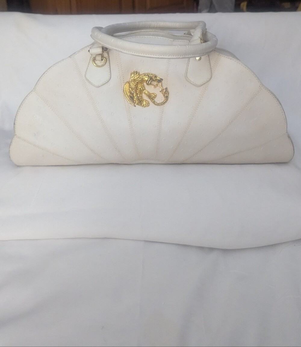 Vintage Y2K Fan Shaped Shoulder Bag With Gold Dragon Emblem Detail.